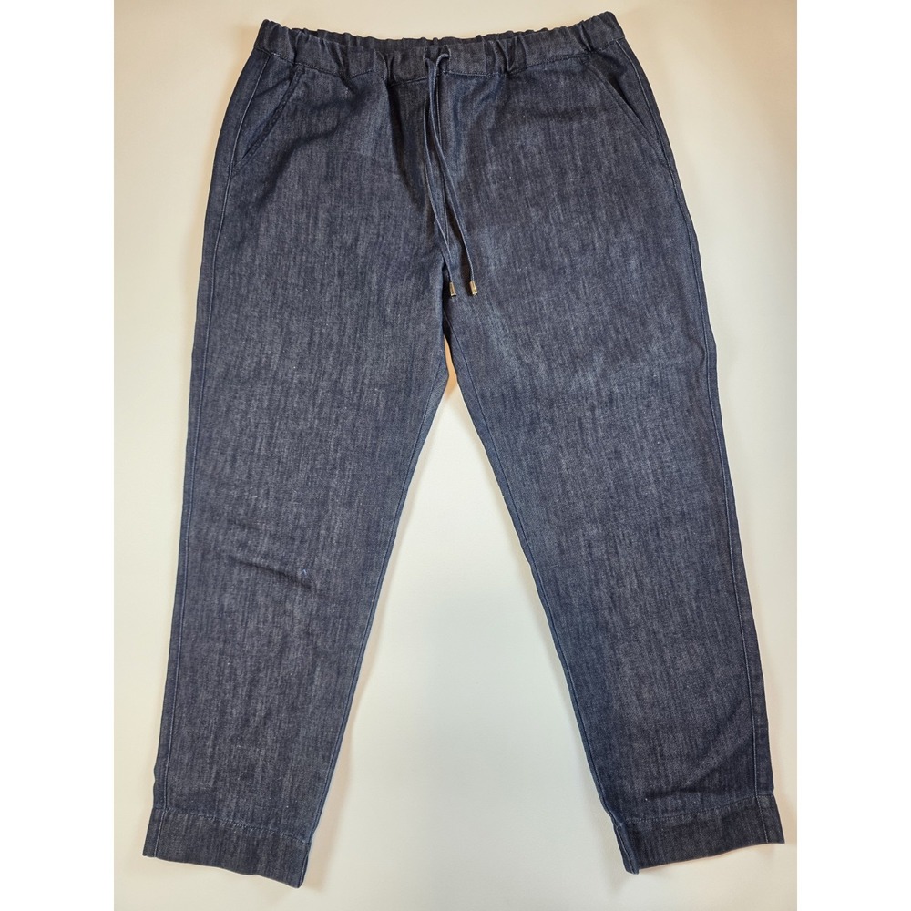 Max Mara Leisure Pants Size 16 Dark Blue Denim Stretch Waist Cotton Linen Blend